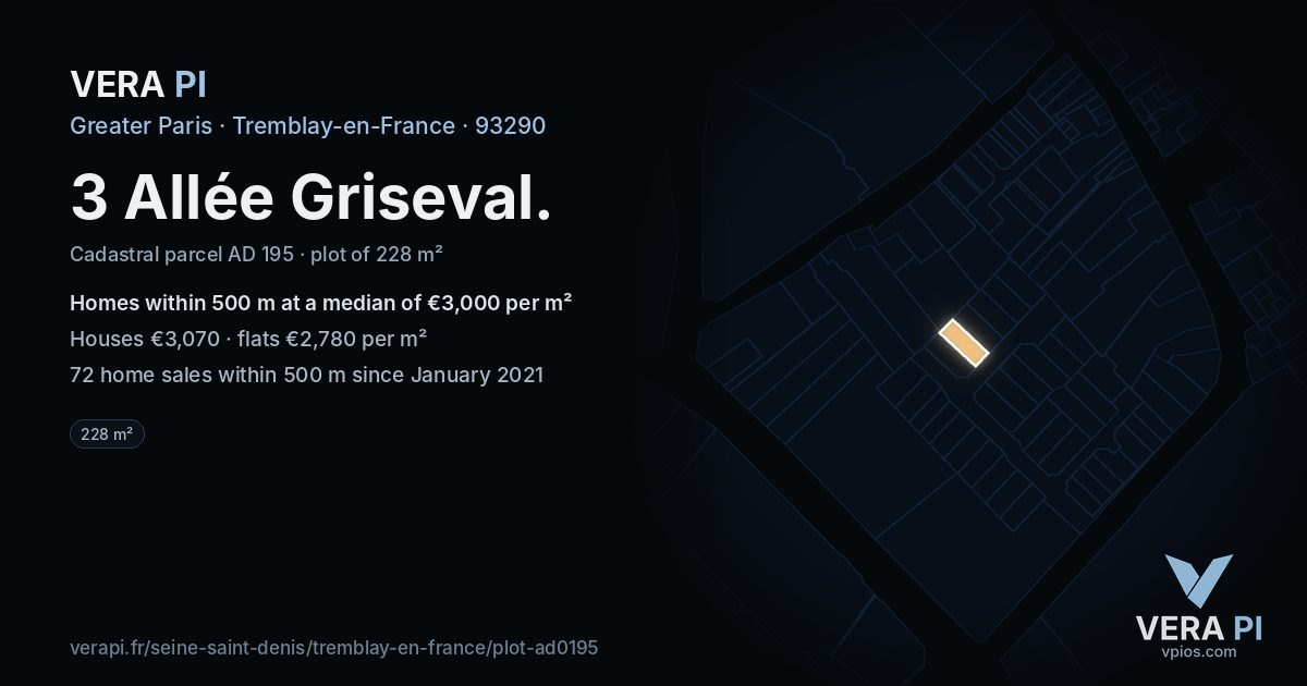 3 Allée Griseval, Tremblay-en-France at night – the plot lit, the parcels around coloured by the prices near them