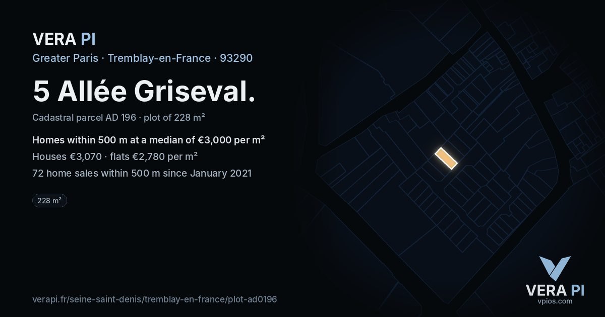 5 Allée Griseval, Tremblay-en-France at night – the plot lit, the parcels around coloured by the prices near them