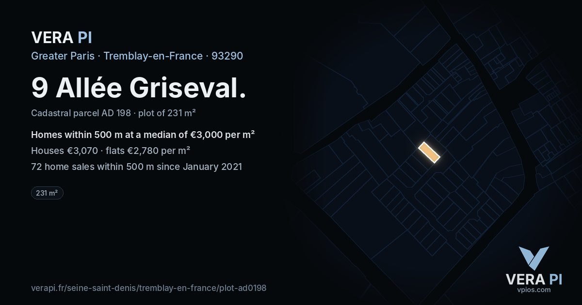 9 Allée Griseval, Tremblay-en-France at night – the plot lit, the parcels around coloured by the prices near them