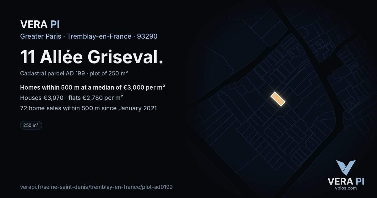 11 Allée Griseval, Tremblay-en-France at night – the plot lit, the parcels around coloured by the prices near them
