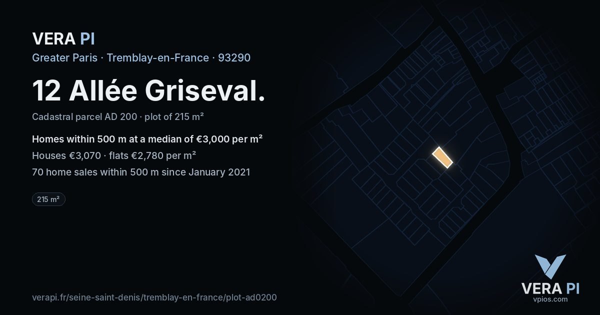 12 Allée Griseval, Tremblay-en-France at night – the plot lit, the parcels around coloured by the prices near them