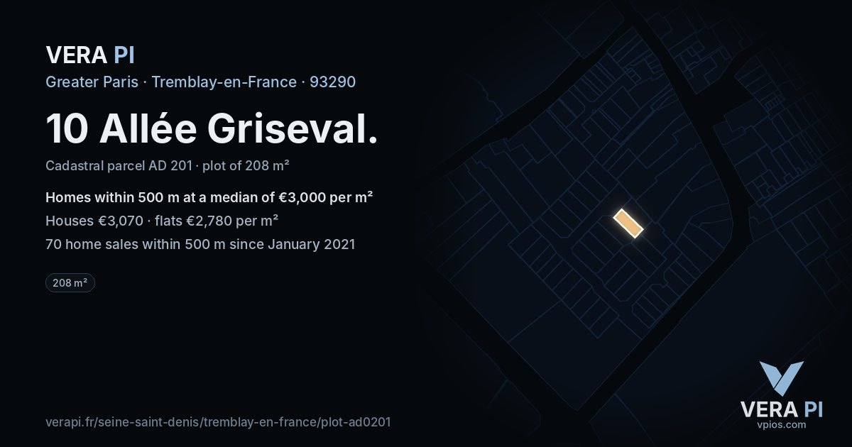 10 Allée Griseval, Tremblay-en-France at night – the plot lit, the parcels around coloured by the prices near them