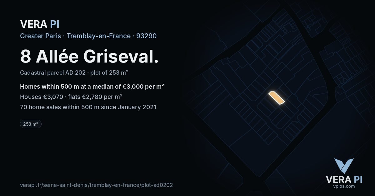8 Allée Griseval, Tremblay-en-France at night – the plot lit, the parcels around coloured by the prices near them