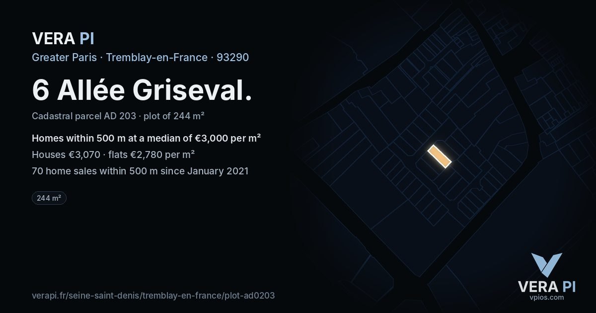 6 Allée Griseval, Tremblay-en-France at night – the plot lit, the parcels around coloured by the prices near them
