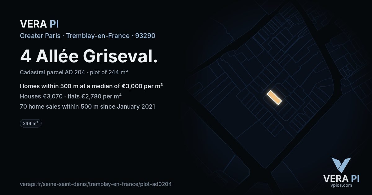 4 Allée Griseval, Tremblay-en-France at night – the plot lit, the parcels around coloured by the prices near them