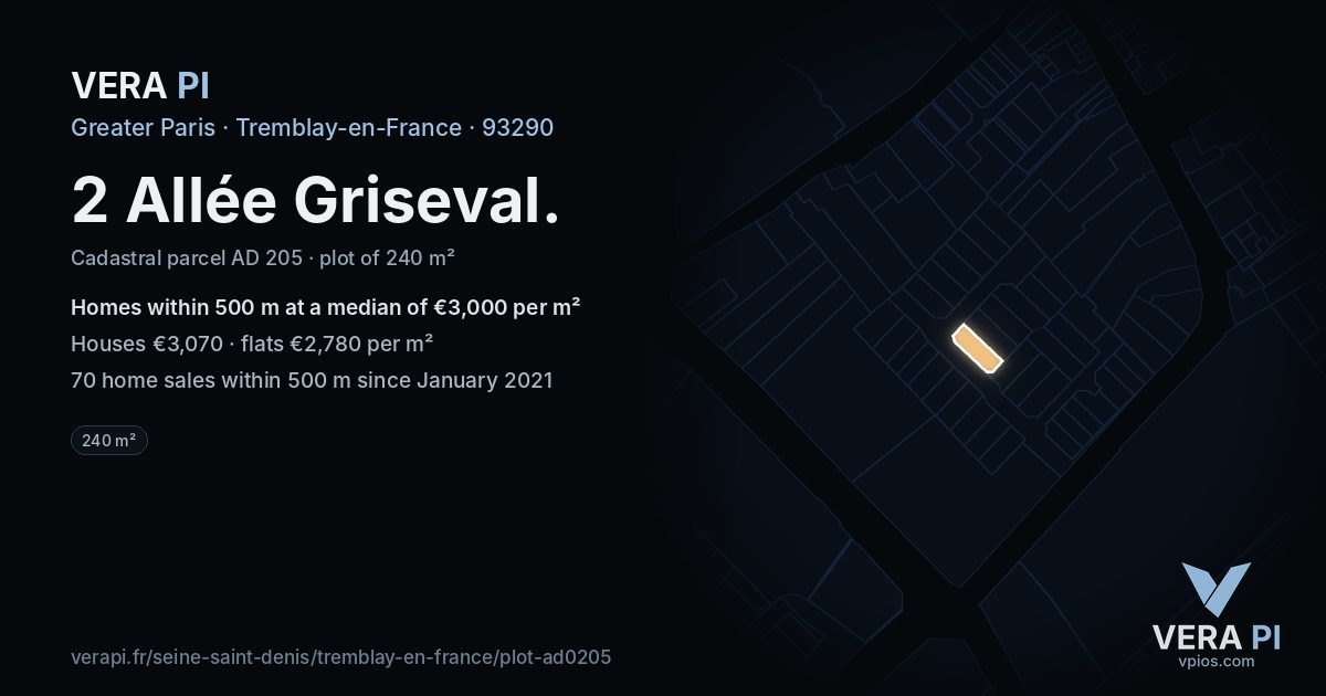 2 Allée Griseval, Tremblay-en-France at night – the plot lit, the parcels around coloured by the prices near them