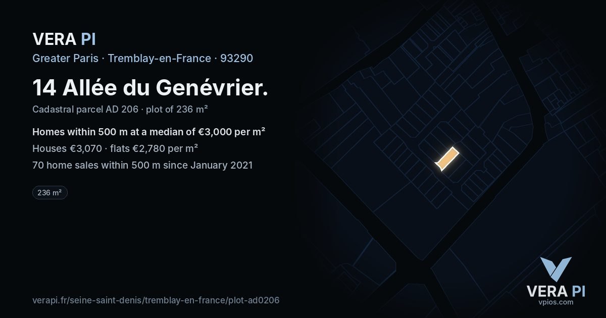 14 Allée du Genévrier, Tremblay-en-France at night – the plot lit, the parcels around coloured by the prices near them