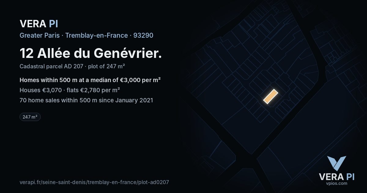 12 Allée du Genévrier, Tremblay-en-France at night – the plot lit, the parcels around coloured by the prices near them