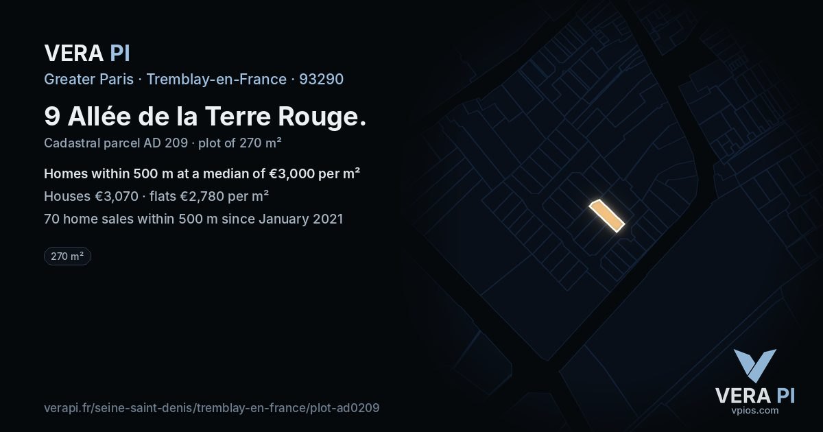 9 Allée de la Terre Rouge, Tremblay-en-France at night – the plot lit, the parcels around coloured by the prices near them