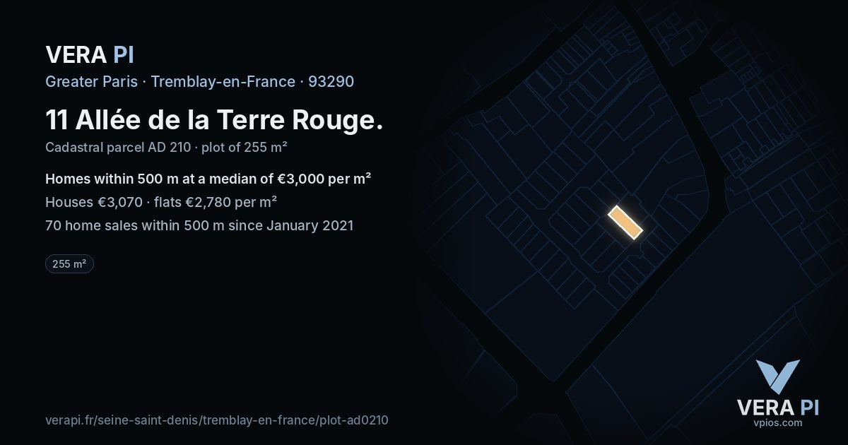 11 Allée de la Terre Rouge, Tremblay-en-France at night – the plot lit, the parcels around coloured by the prices near them