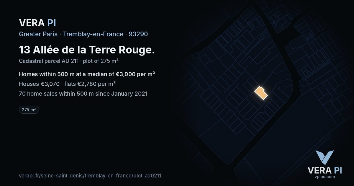 13 Allée de la Terre Rouge, Tremblay-en-France at night – the plot lit, the parcels around coloured by the prices near them