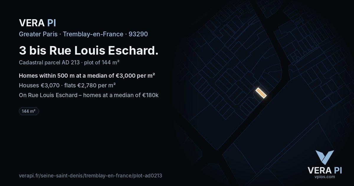 3 bis Rue Louis Eschard, Tremblay-en-France at night – the plot lit, the parcels around coloured by the prices near them