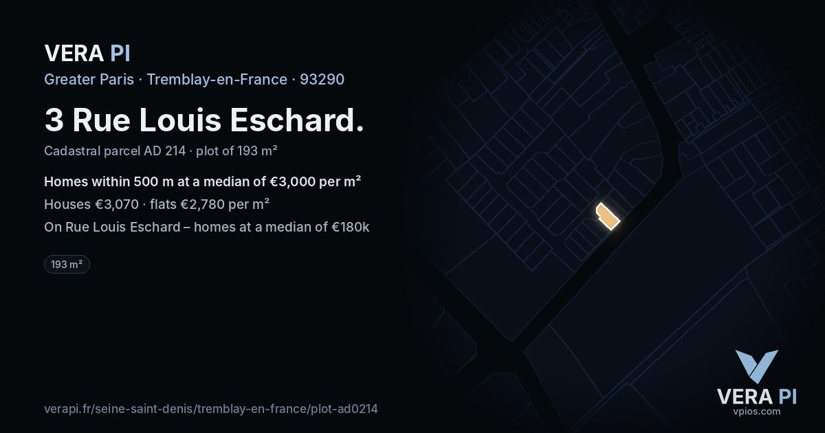 3 Rue Louis Eschard, Tremblay-en-France at night – the plot lit, the parcels around coloured by the prices near them