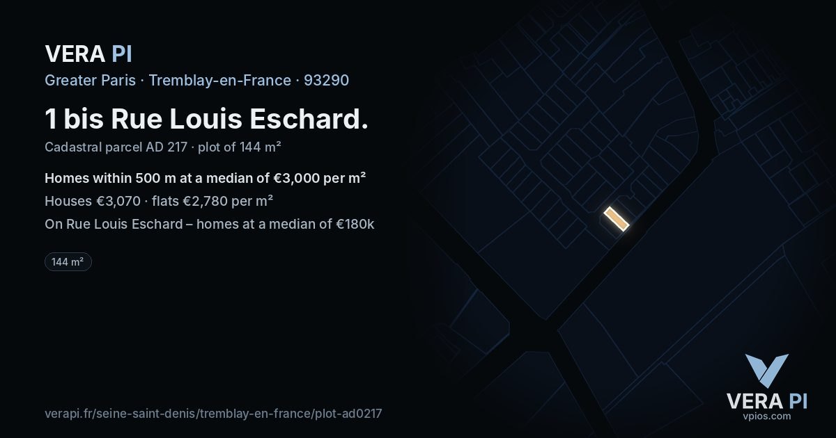 1 bis Rue Louis Eschard, Tremblay-en-France at night – the plot lit, the parcels around coloured by the prices near them