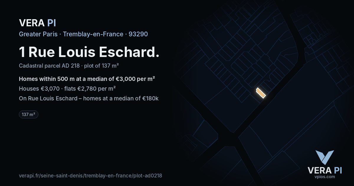 1 Rue Louis Eschard, Tremblay-en-France at night – the plot lit, the parcels around coloured by the prices near them
