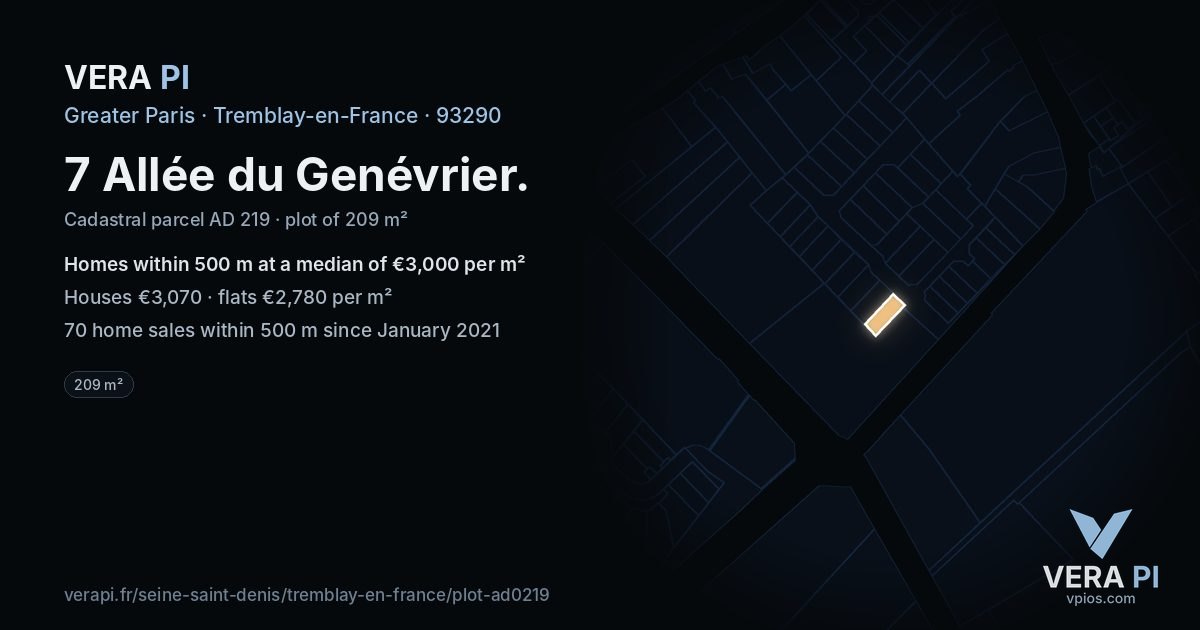 7 Allée du Genévrier, Tremblay-en-France at night – the plot lit, the parcels around coloured by the prices near them