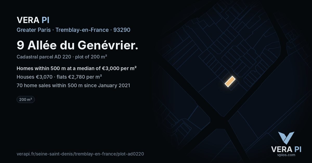 9 Allée du Genévrier, Tremblay-en-France at night – the plot lit, the parcels around coloured by the prices near them
