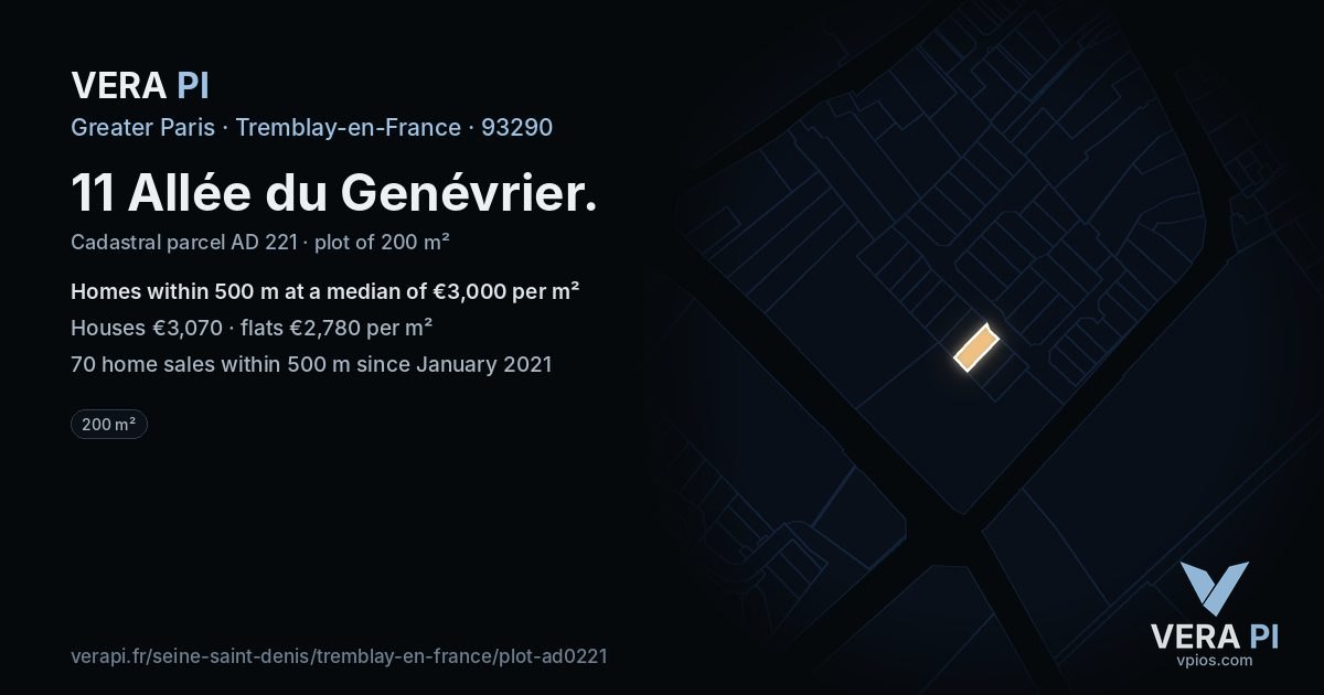 11 Allée du Genévrier, Tremblay-en-France at night – the plot lit, the parcels around coloured by the prices near them