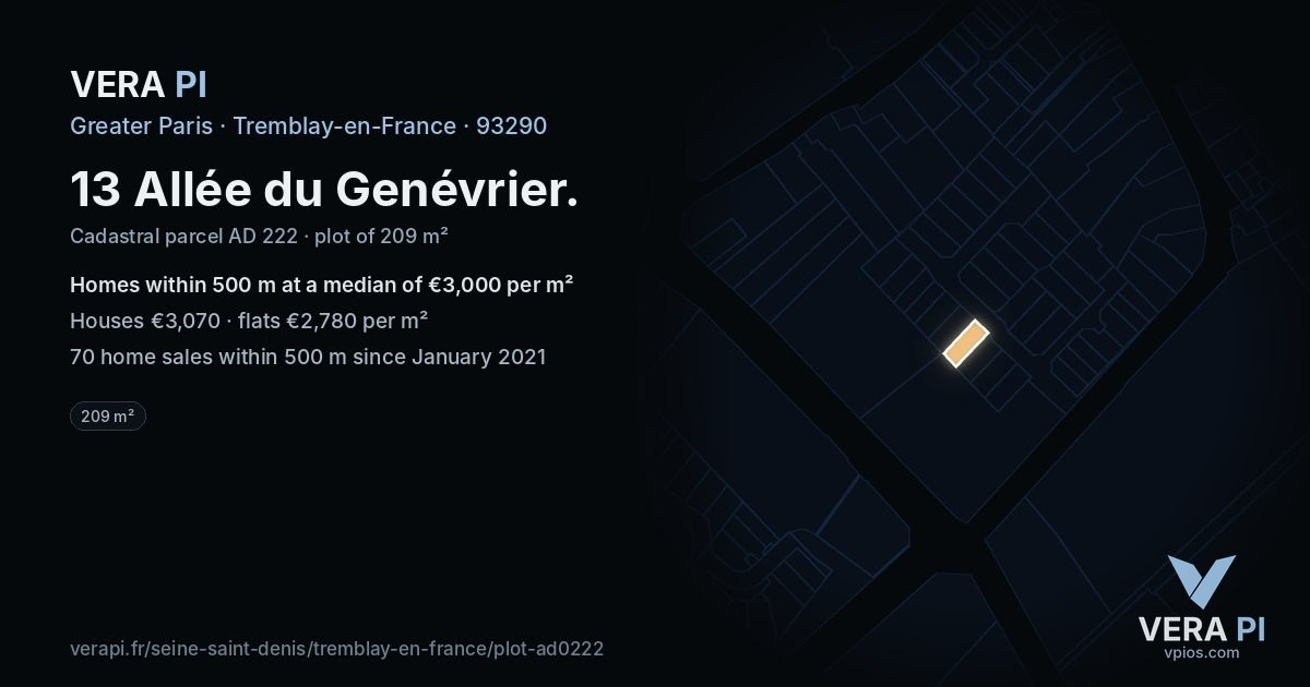 13 Allée du Genévrier, Tremblay-en-France at night – the plot lit, the parcels around coloured by the prices near them