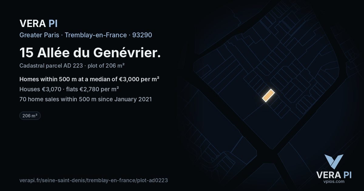 15 Allée du Genévrier, Tremblay-en-France at night – the plot lit, the parcels around coloured by the prices near them
