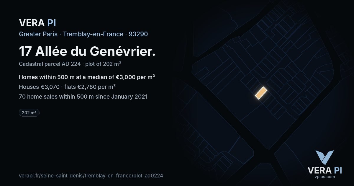 17 Allée du Genévrier, Tremblay-en-France at night – the plot lit, the parcels around coloured by the prices near them