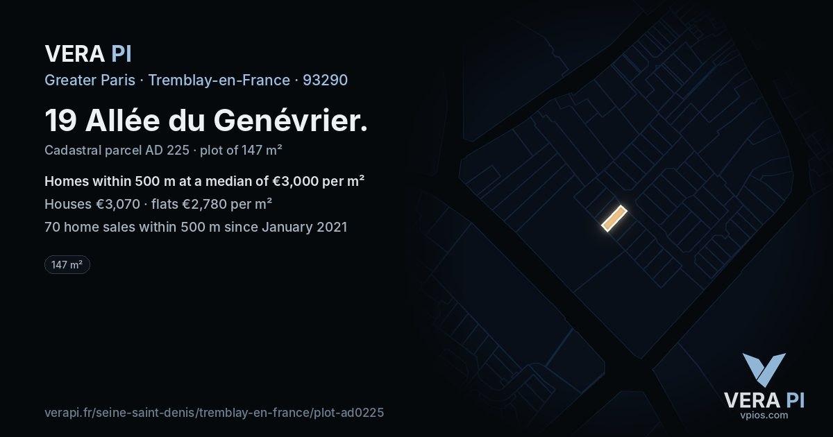 19 Allée du Genévrier, Tremblay-en-France at night – the plot lit, the parcels around coloured by the prices near them