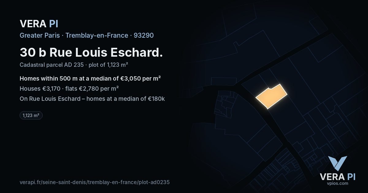 30 b Rue Louis Eschard, Tremblay-en-France at night – the plot lit, the parcels around coloured by the prices near them
