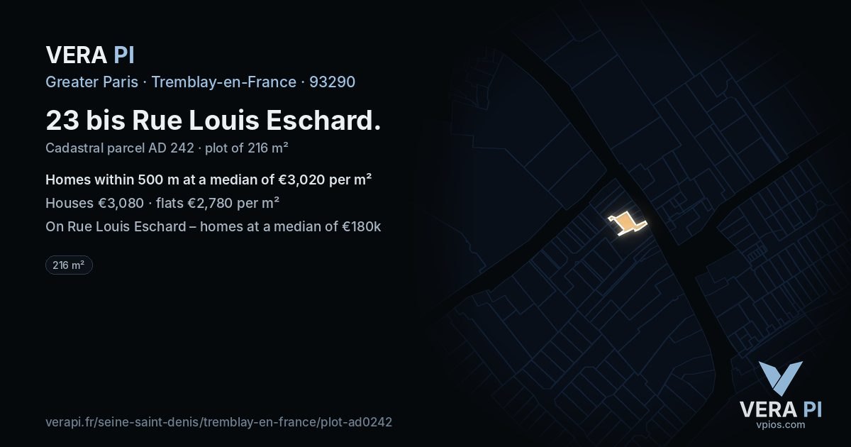 23 bis Rue Louis Eschard, Tremblay-en-France at night – the plot lit, the parcels around coloured by the prices near them