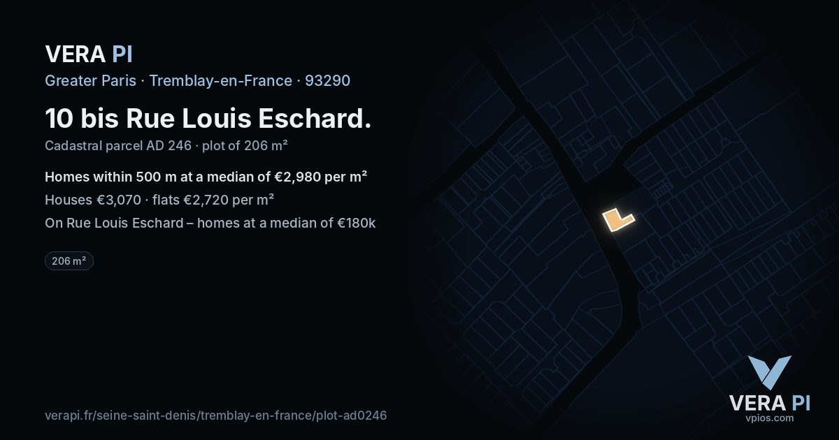 10 bis Rue Louis Eschard, Tremblay-en-France at night – the plot lit, the parcels around coloured by the prices near them