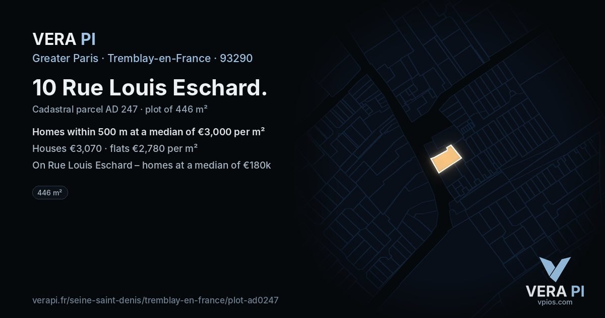 10 Rue Louis Eschard, Tremblay-en-France at night – the plot lit, the parcels around coloured by the prices near them