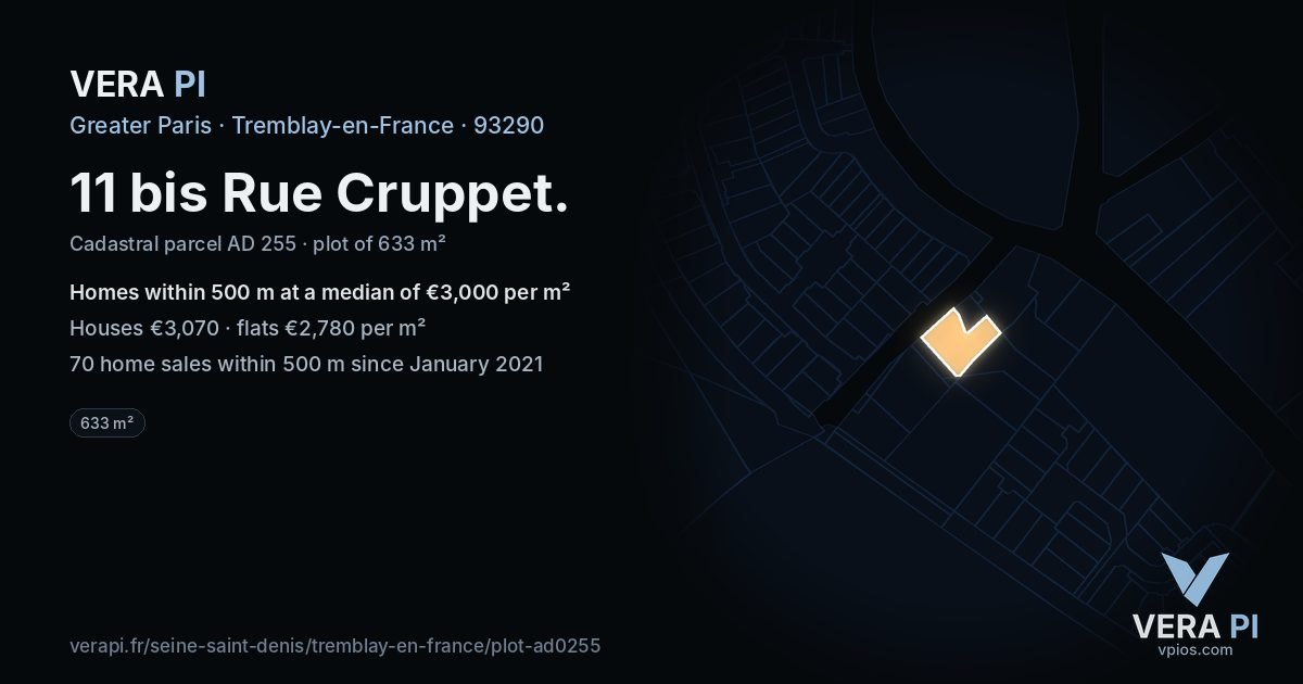 11 bis Rue Cruppet, Tremblay-en-France at night – the plot lit, the parcels around coloured by the prices near them