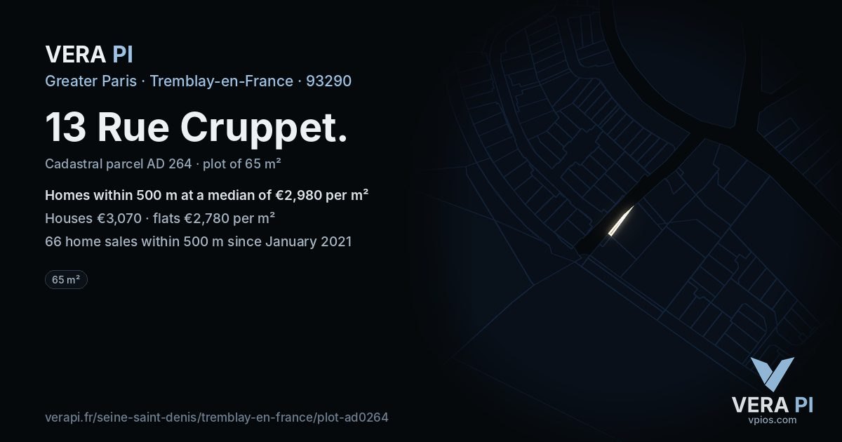 13 Rue Cruppet, Tremblay-en-France at night – the plot lit, the parcels around coloured by the prices near them