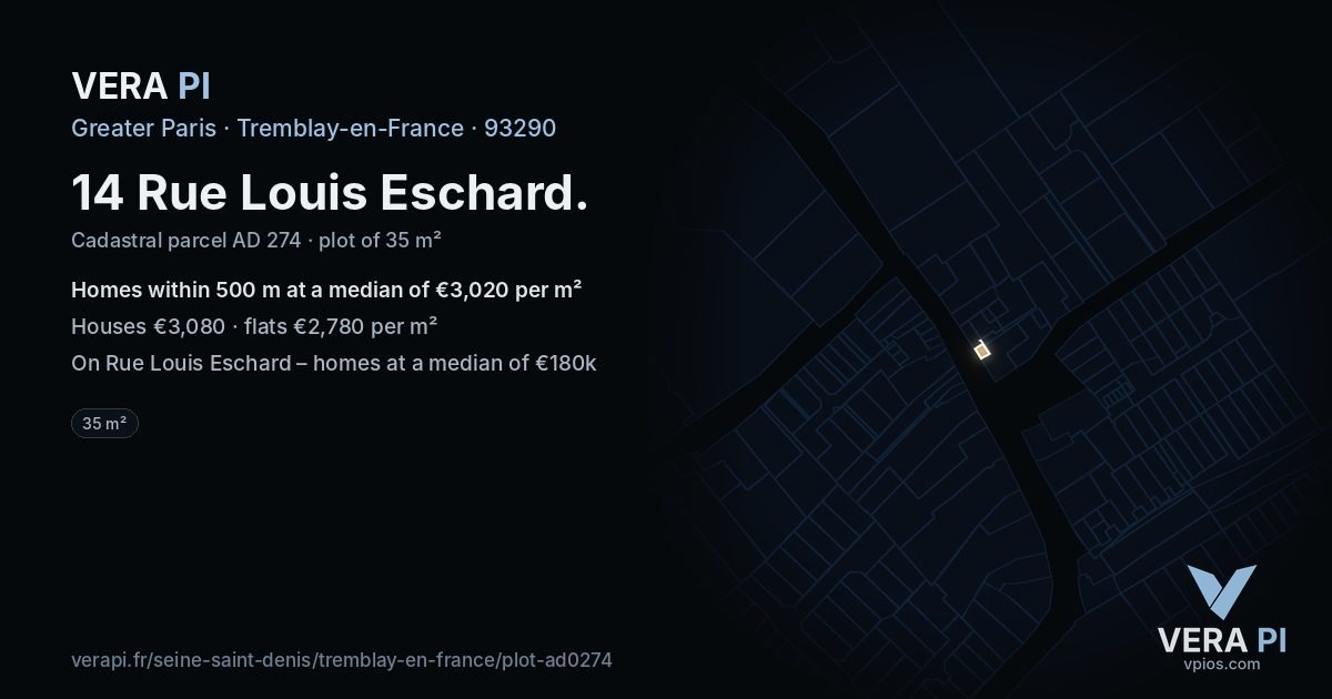 14 Rue Louis Eschard, Tremblay-en-France at night – the plot lit, the parcels around coloured by the prices near them