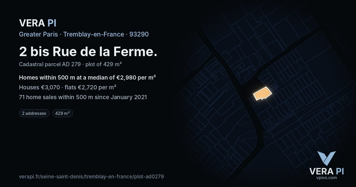 2 bis Rue de la Ferme, Tremblay-en-France at night – the plot lit, the parcels around coloured by the prices near them