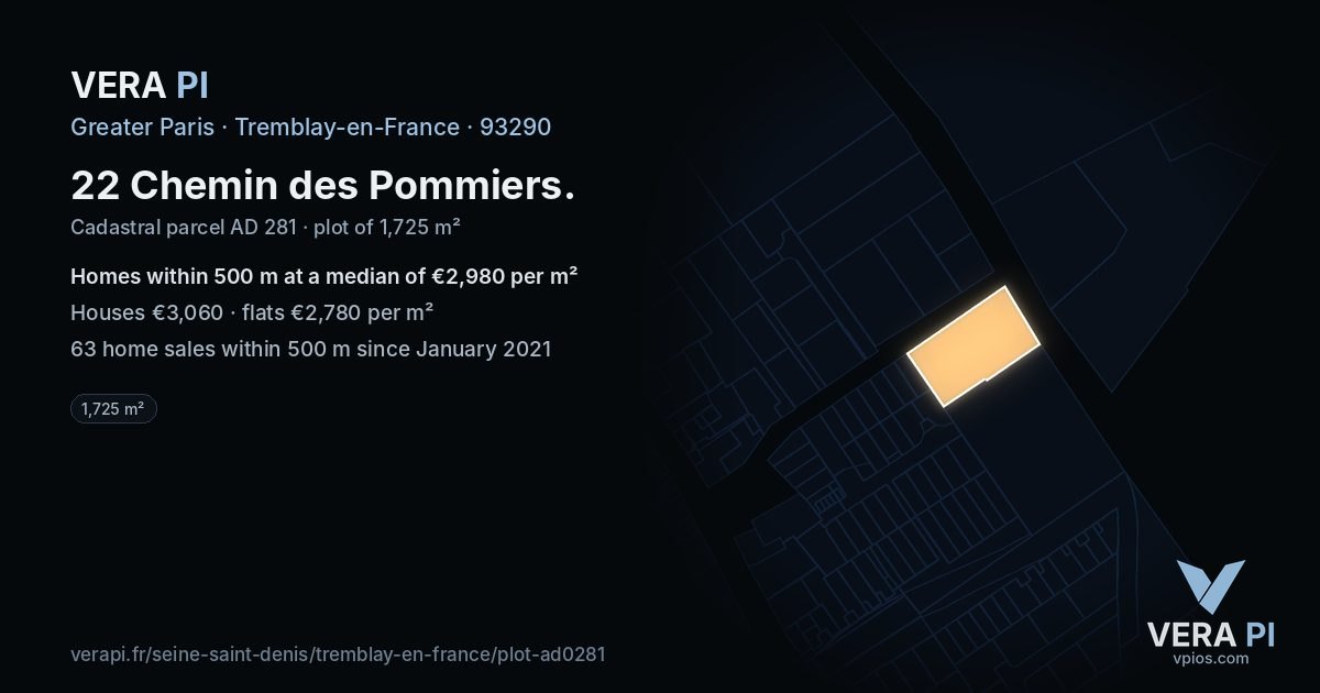 22 Chemin des Pommiers, Tremblay-en-France at night – the plot lit, the parcels around coloured by the prices near them