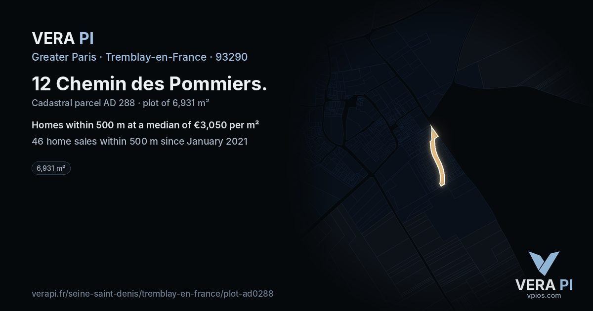 12 Chemin des Pommiers, Tremblay-en-France at night – the plot lit, the parcels around coloured by the prices near them