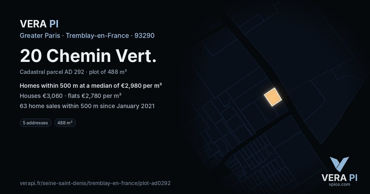 20 Chemin Vert, Tremblay-en-France at night – the plot lit, the parcels around coloured by the prices near them