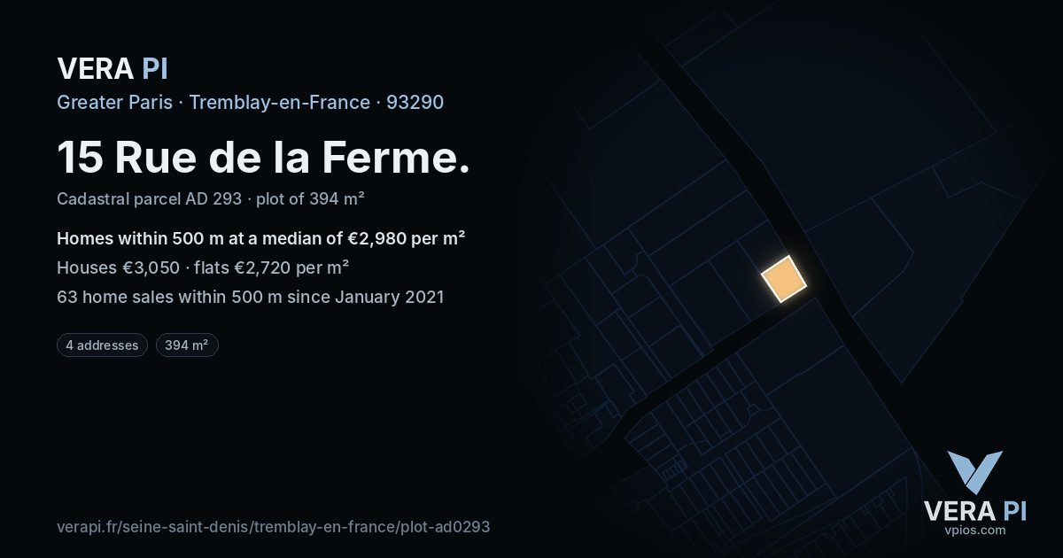 15 Rue de la Ferme, Tremblay-en-France at night – the plot lit, the parcels around coloured by the prices near them