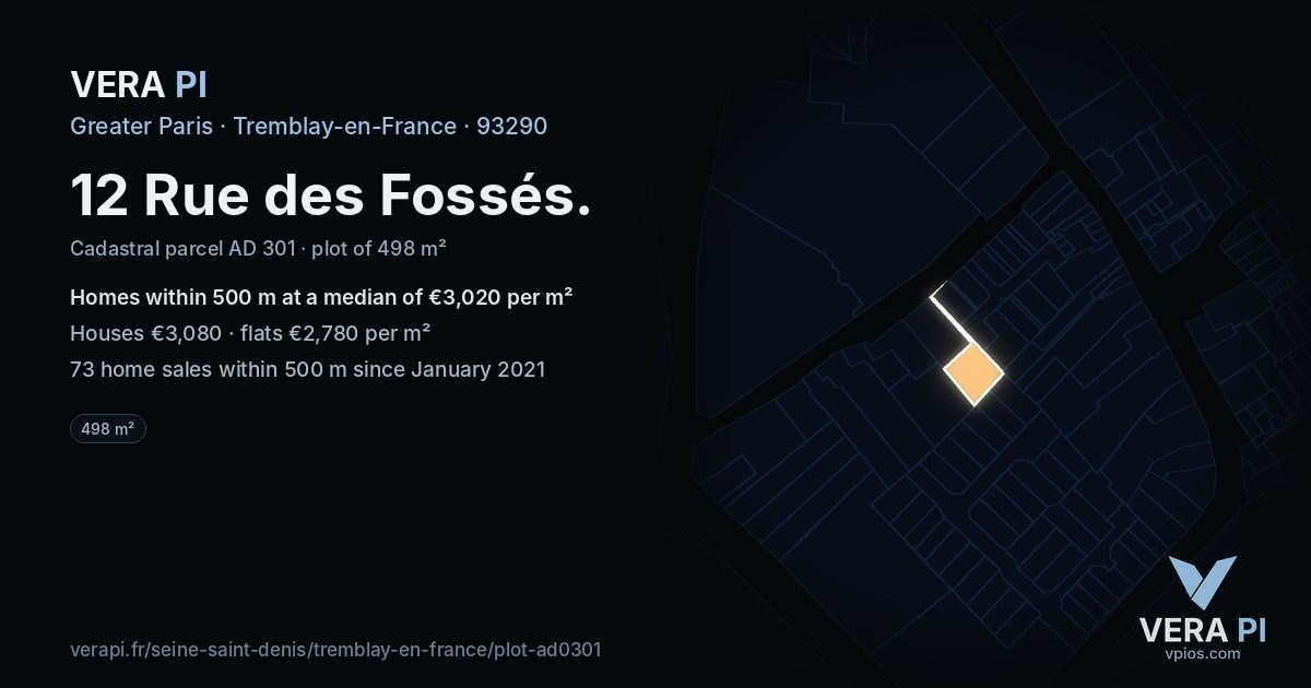 12 Rue des Fossés, Tremblay-en-France at night – the plot lit, the parcels around coloured by the prices near them