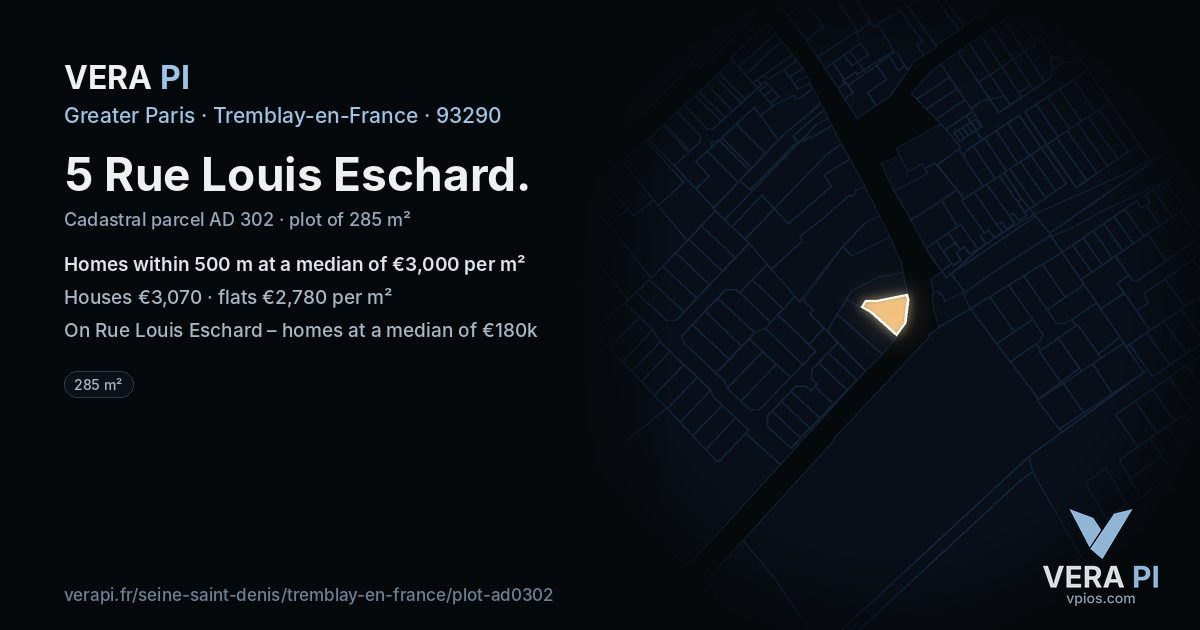 5 Rue Louis Eschard, Tremblay-en-France at night – the plot lit, the parcels around coloured by the prices near them