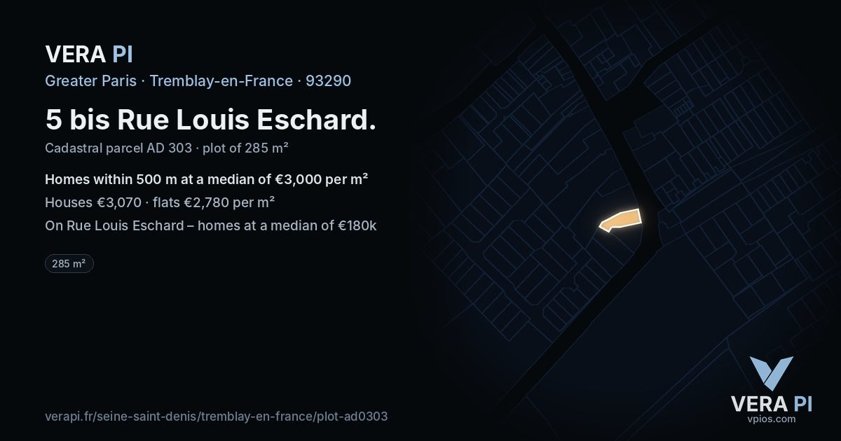 5 bis Rue Louis Eschard, Tremblay-en-France at night – the plot lit, the parcels around coloured by the prices near them