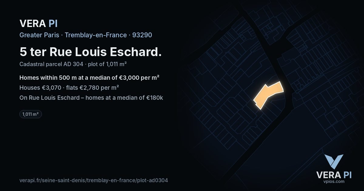 5 ter Rue Louis Eschard, Tremblay-en-France at night – the plot lit, the parcels around coloured by the prices near them