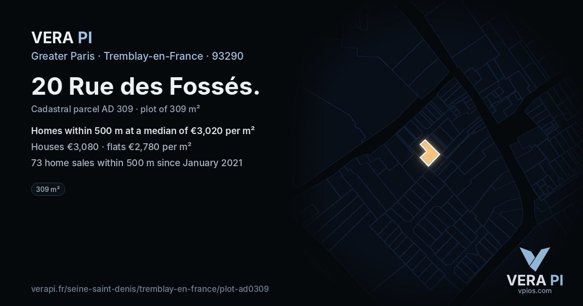 20 Rue des Fossés, Tremblay-en-France at night – the plot lit, the parcels around coloured by the prices near them