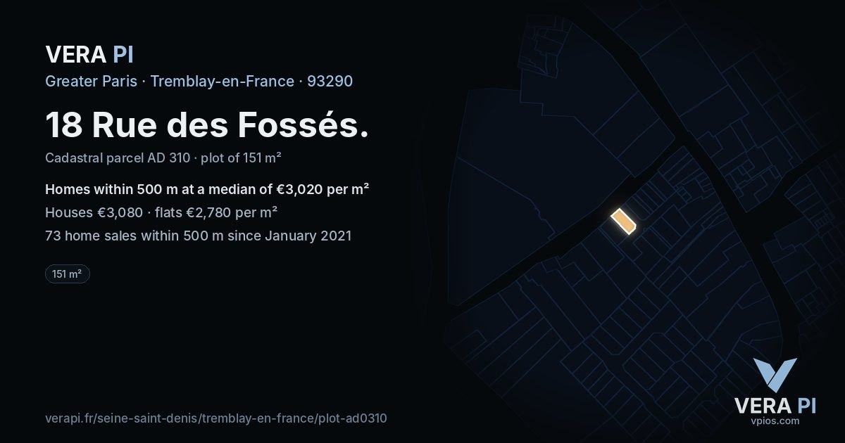 18 Rue des Fossés, Tremblay-en-France at night – the plot lit, the parcels around coloured by the prices near them