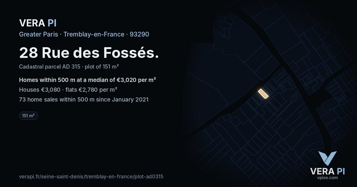 28 Rue des Fossés, Tremblay-en-France at night – the plot lit, the parcels around coloured by the prices near them
