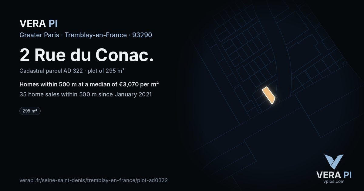 2 Rue du Conac, Tremblay-en-France at night – the plot lit, the parcels around coloured by the prices near them