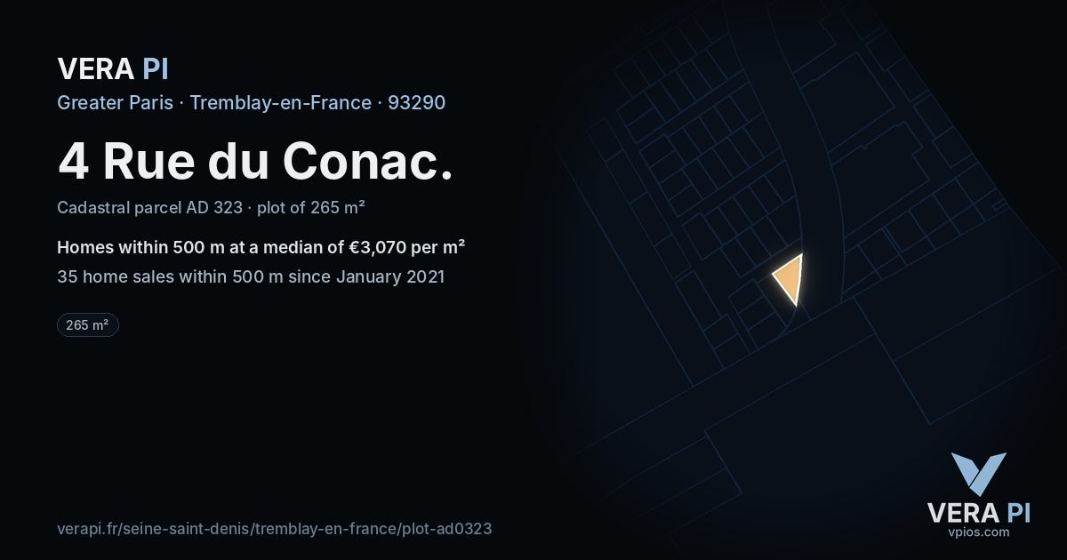 4 Rue du Conac, Tremblay-en-France at night – the plot lit, the parcels around coloured by the prices near them