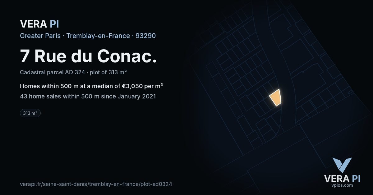 7 Rue du Conac, Tremblay-en-France at night – the plot lit, the parcels around coloured by the prices near them