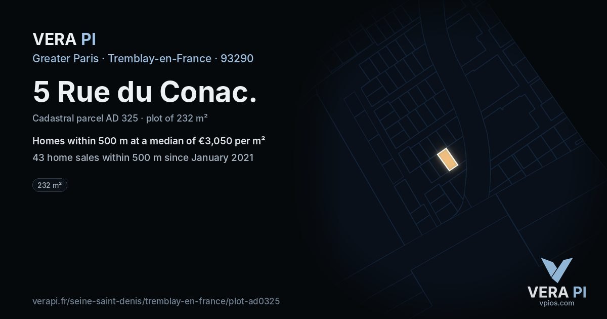 5 Rue du Conac, Tremblay-en-France at night – the plot lit, the parcels around coloured by the prices near them
