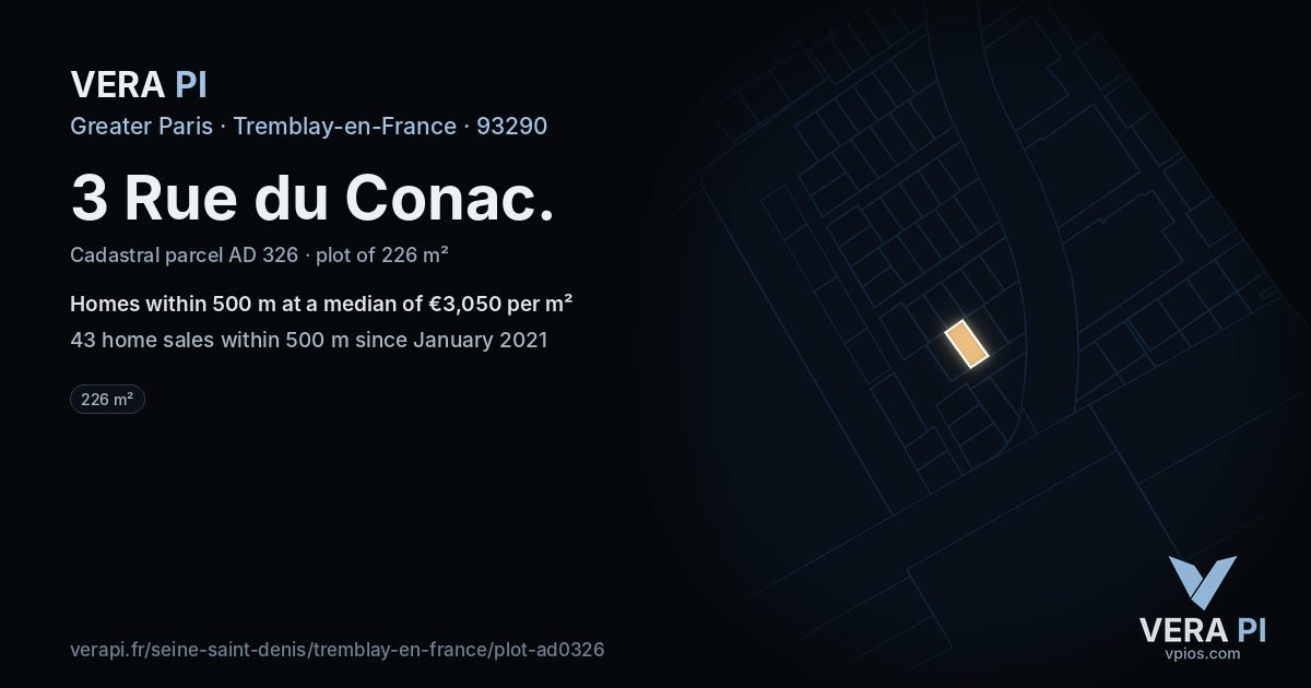 3 Rue du Conac, Tremblay-en-France at night – the plot lit, the parcels around coloured by the prices near them